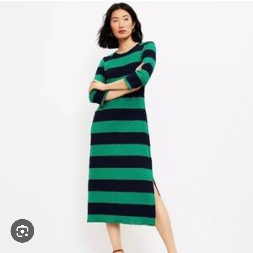 Loft Navy Blue & Green Stripe Midi Dress